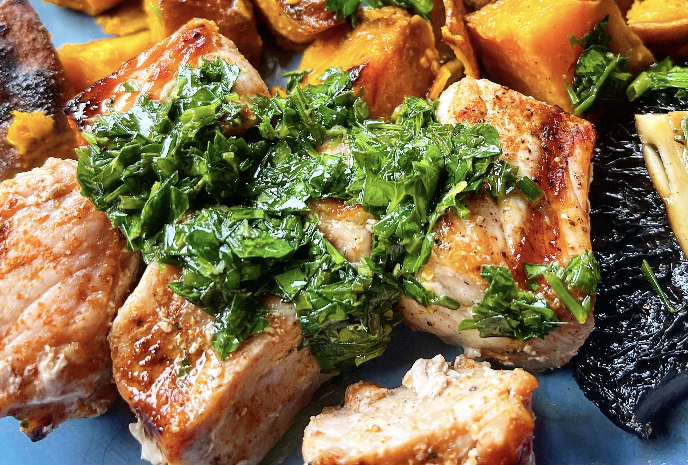 Pork shish kabobs with herb salsa verde