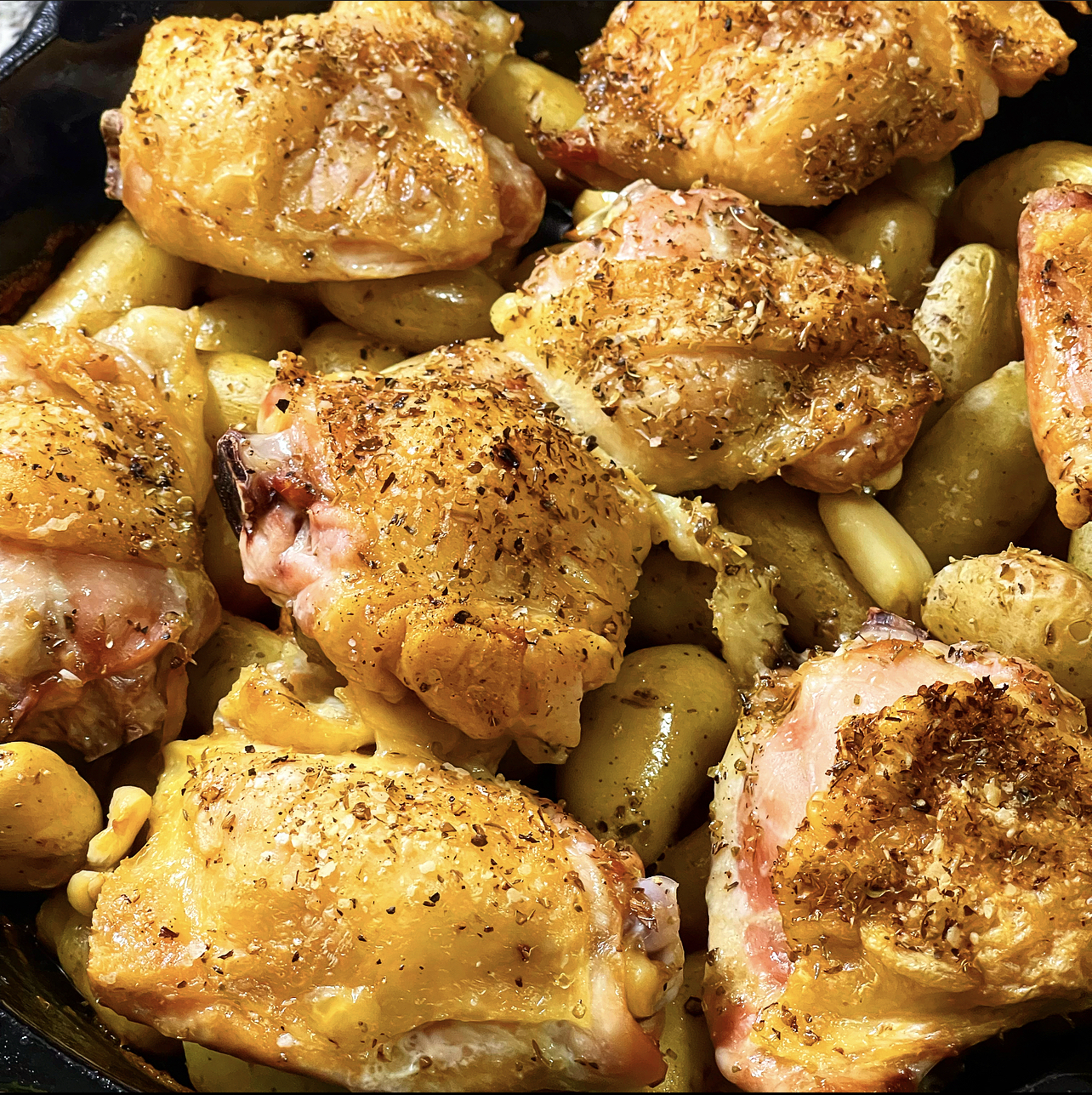Roasted Chicken Thighs with Schmaltzy Potatoes