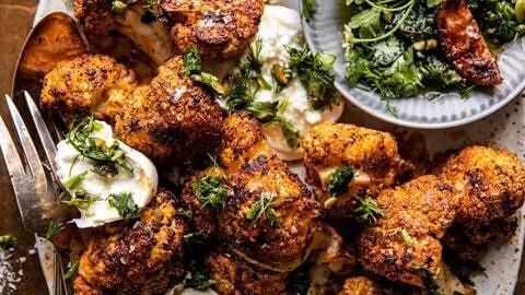 Crispy Roasted Blackened Cauliflower with Burrata and Herbs