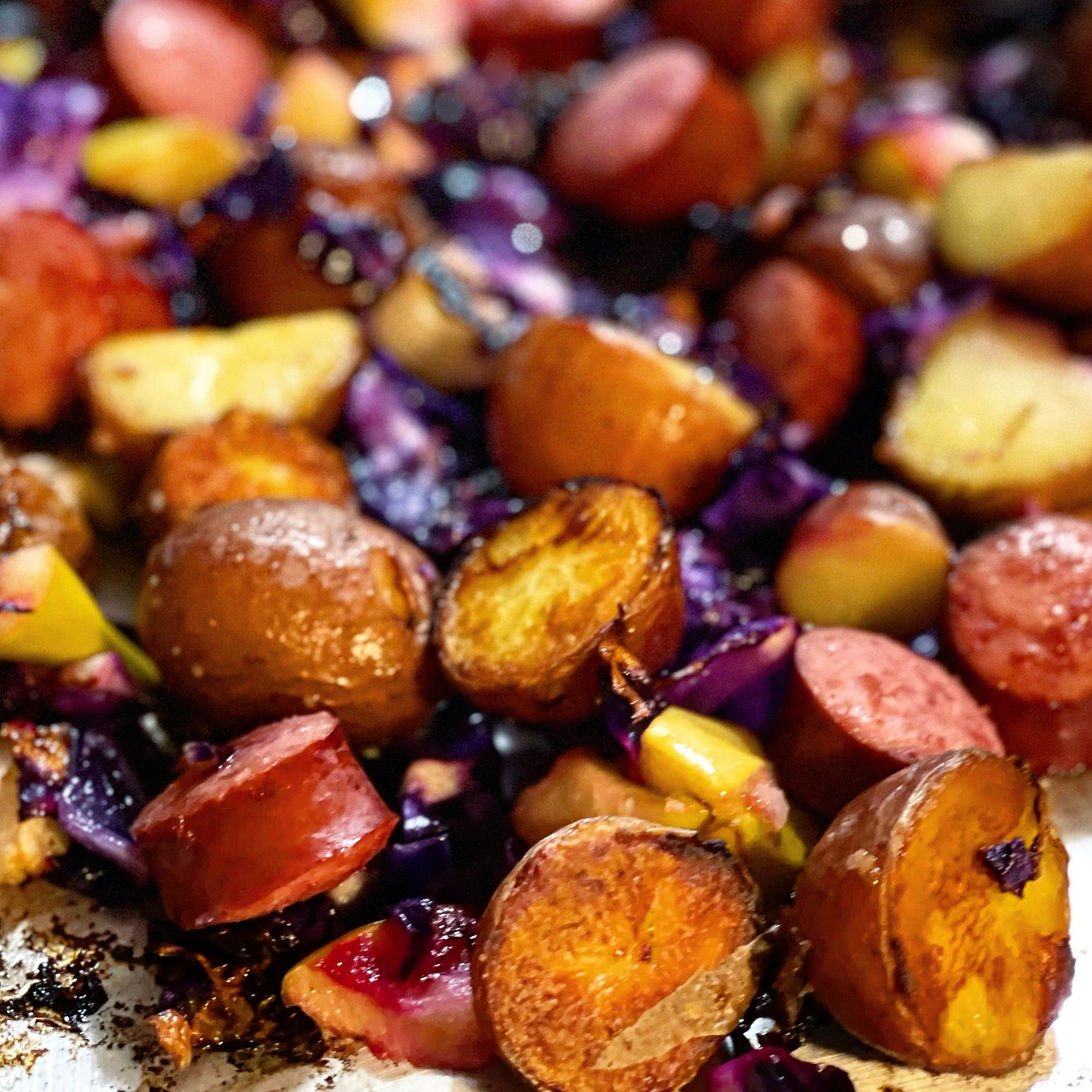 Kielbasa & cabbage tray bake