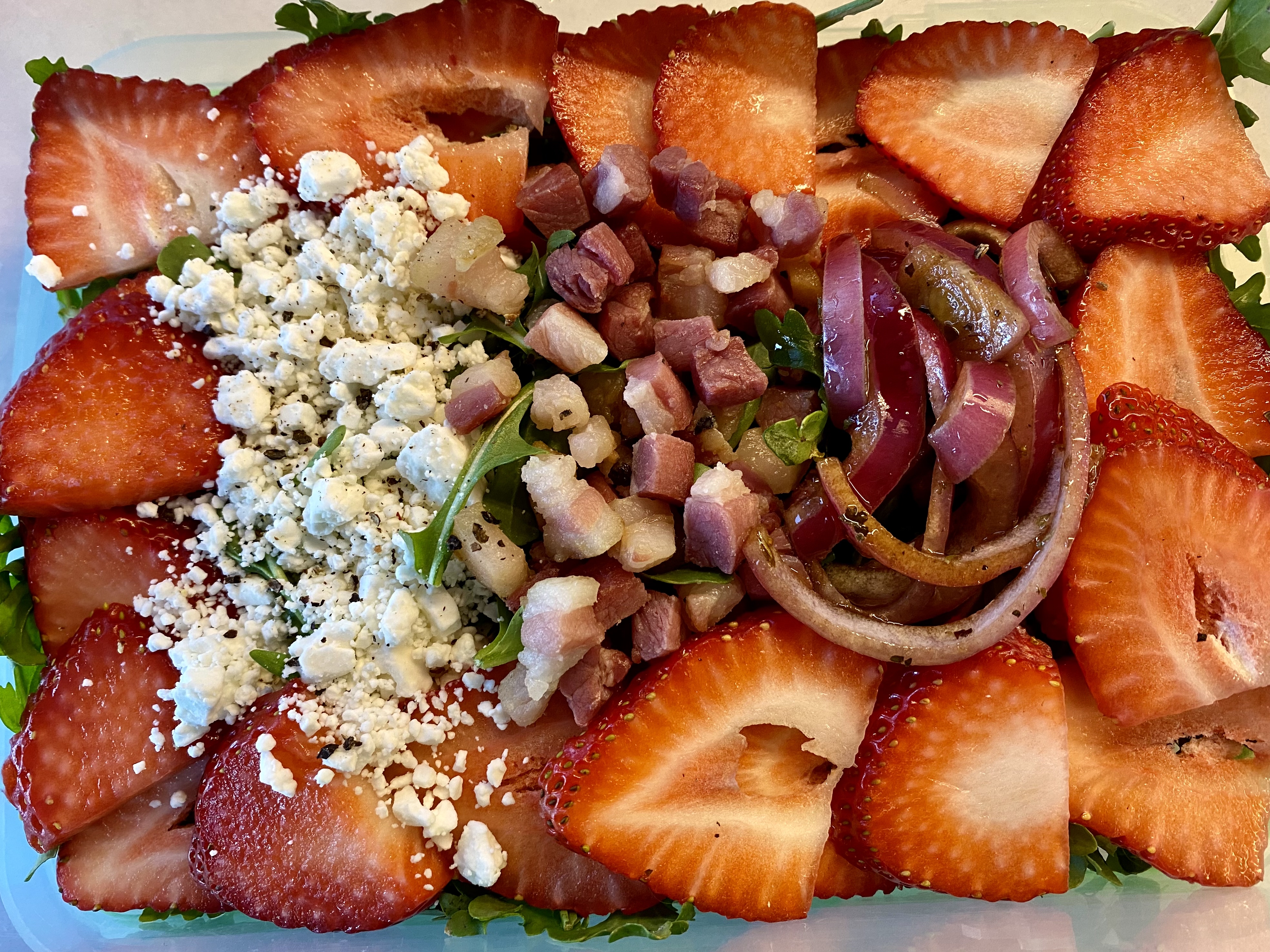 Strawberry, Goat Cheese, Pancetta, & Arugula Salad with Balsamic Herb Glaze