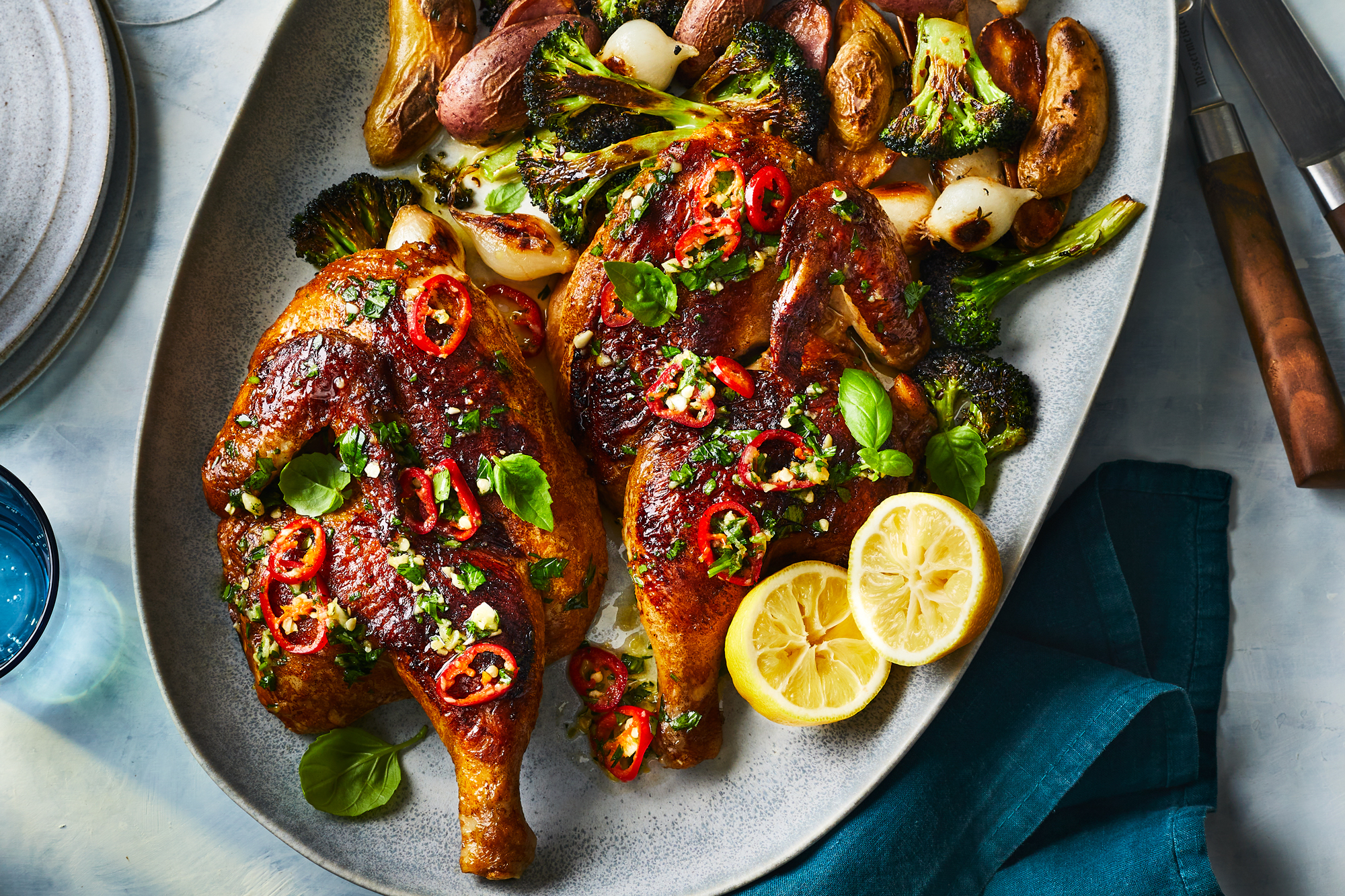 Roast Chicken with Chile-Basil Vinaigrette, Charred Broccoli, and Potatoes