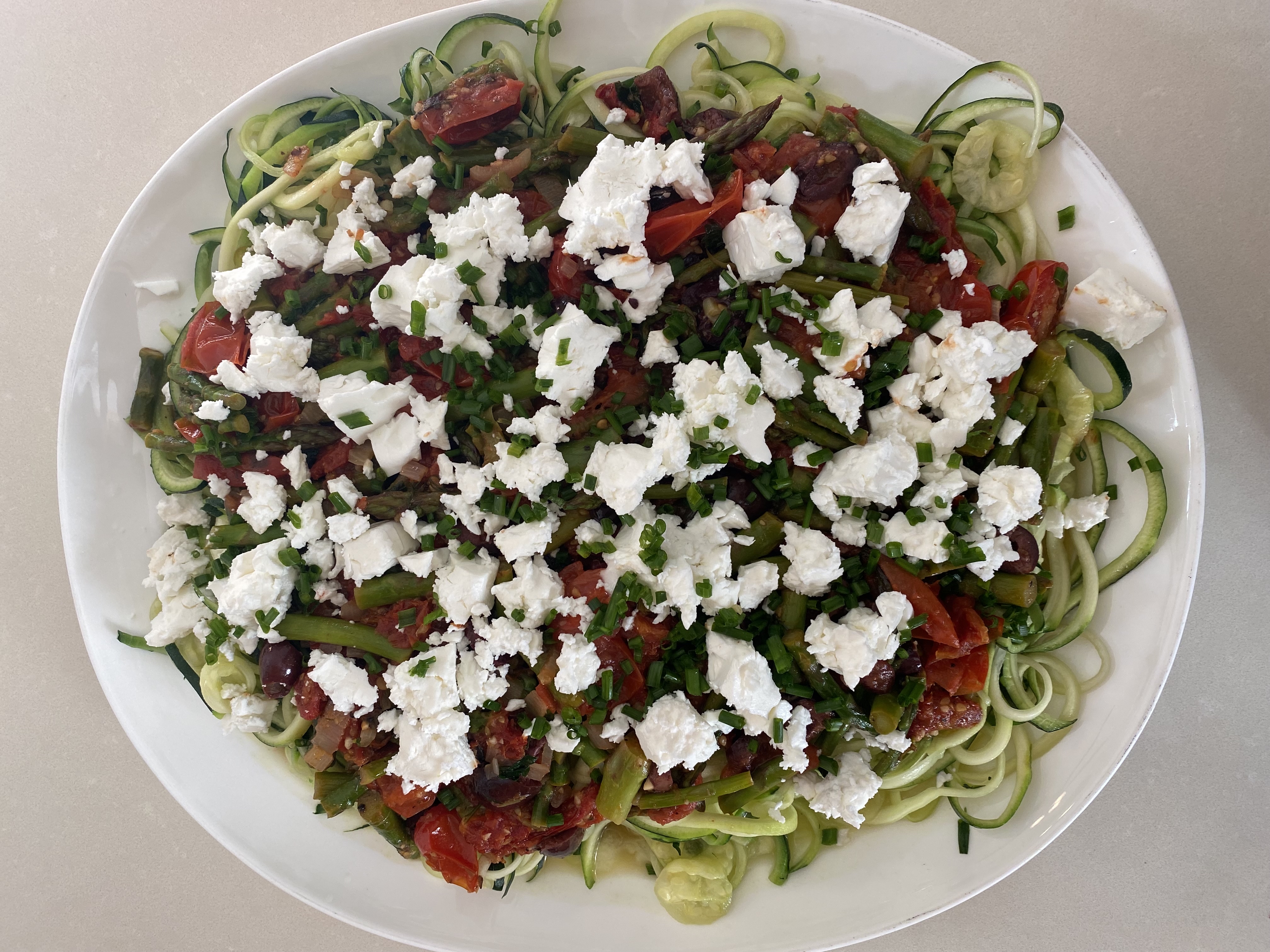 Greek Zuchinni Noodles with Feta and Asparagus