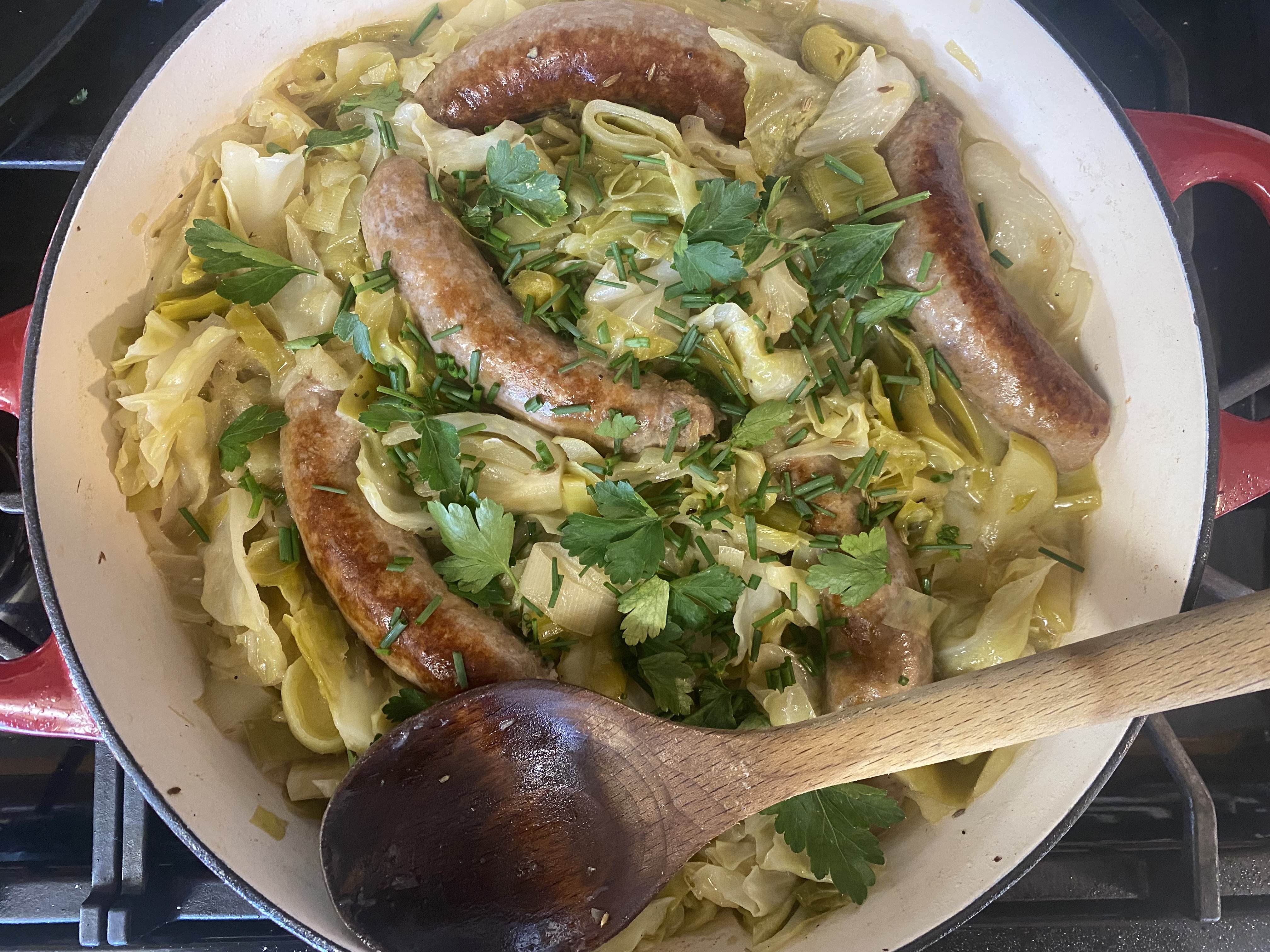 Braised Sausages with Fennel, Leeks, Cabbage, and Apples