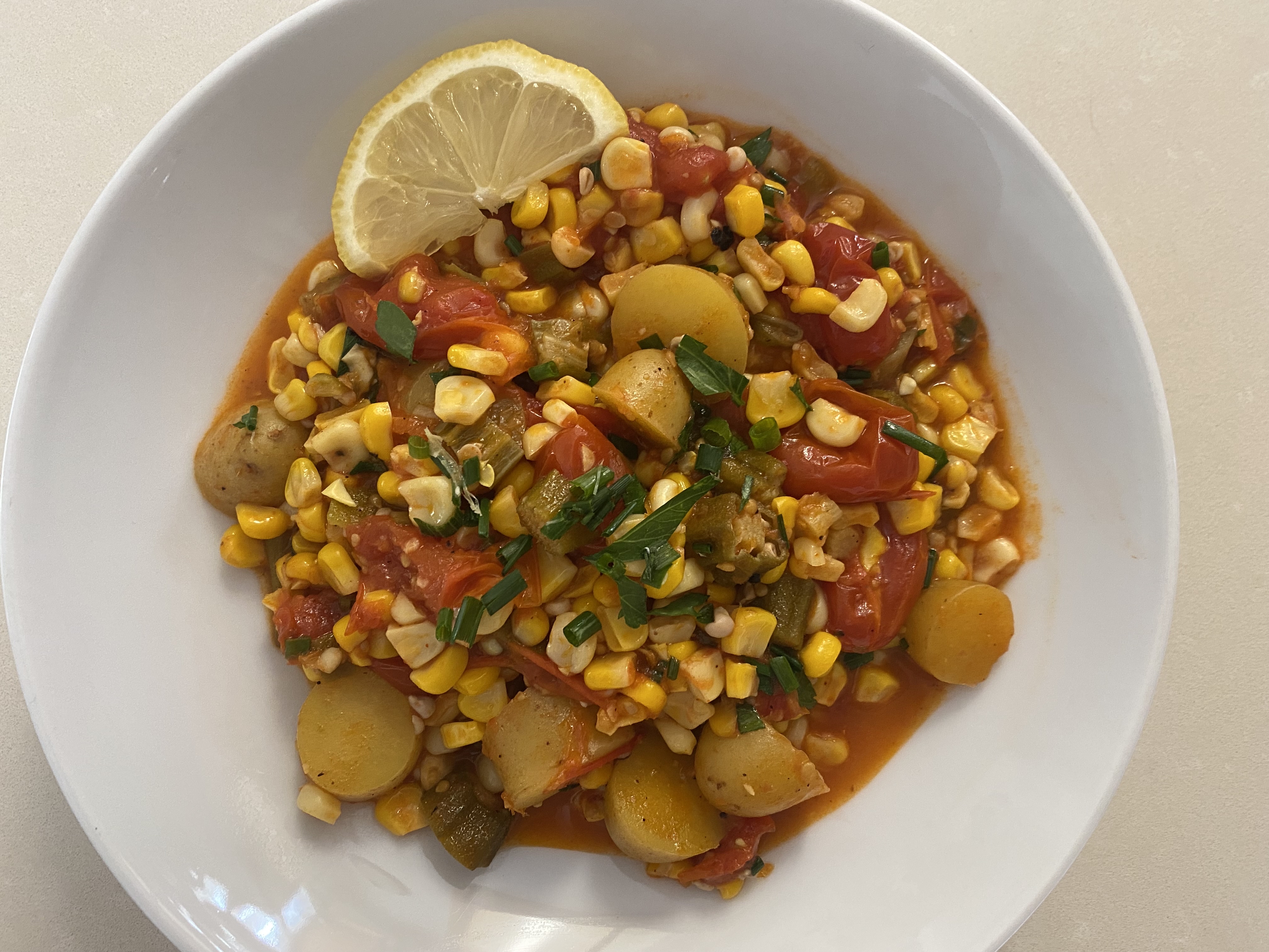 Stewed Sweet Corn, Okra, Tomatoes, and Potatoes 