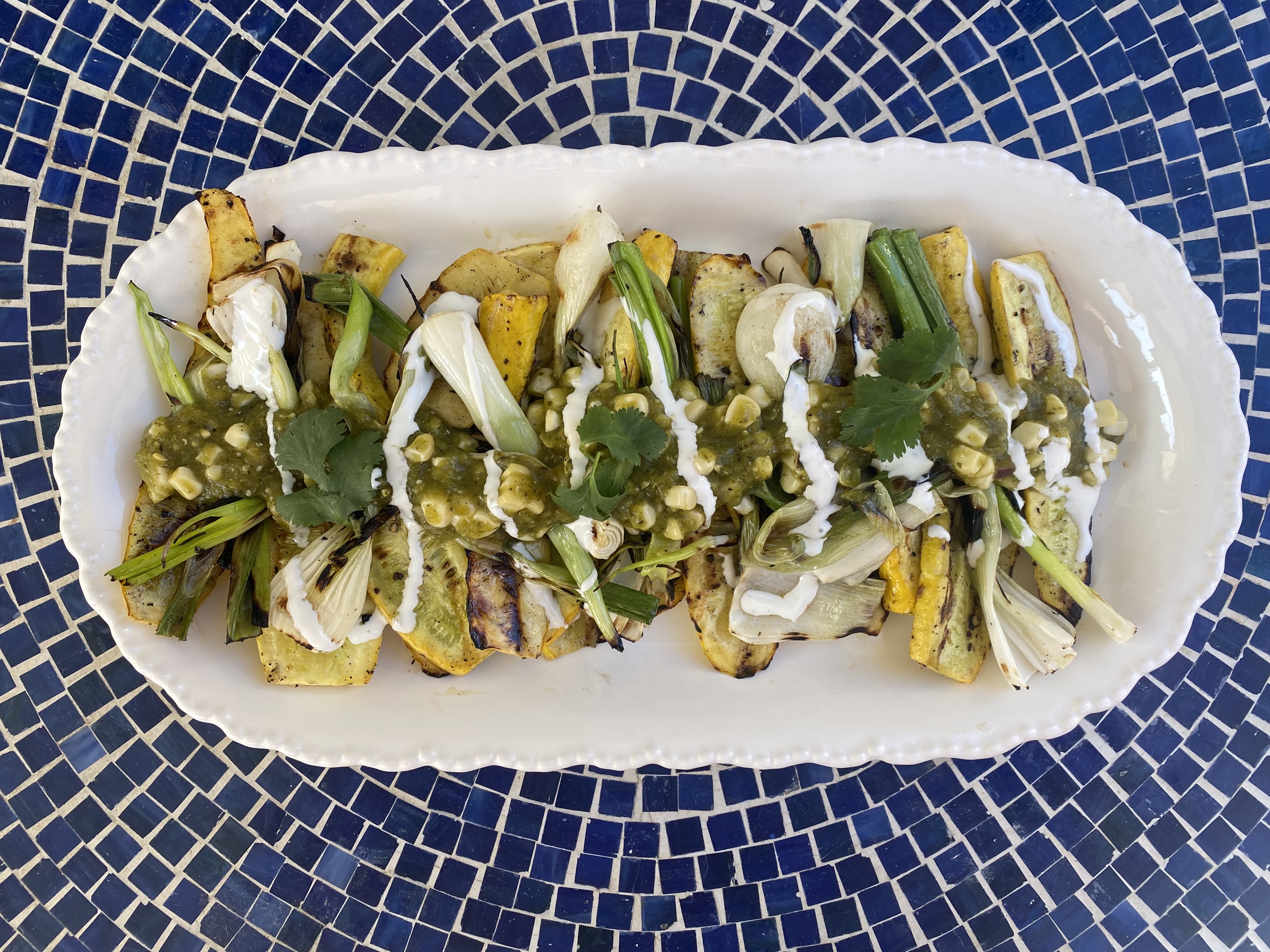 Grilled summer squash and onions with Charred Tomatillo corn salsa 