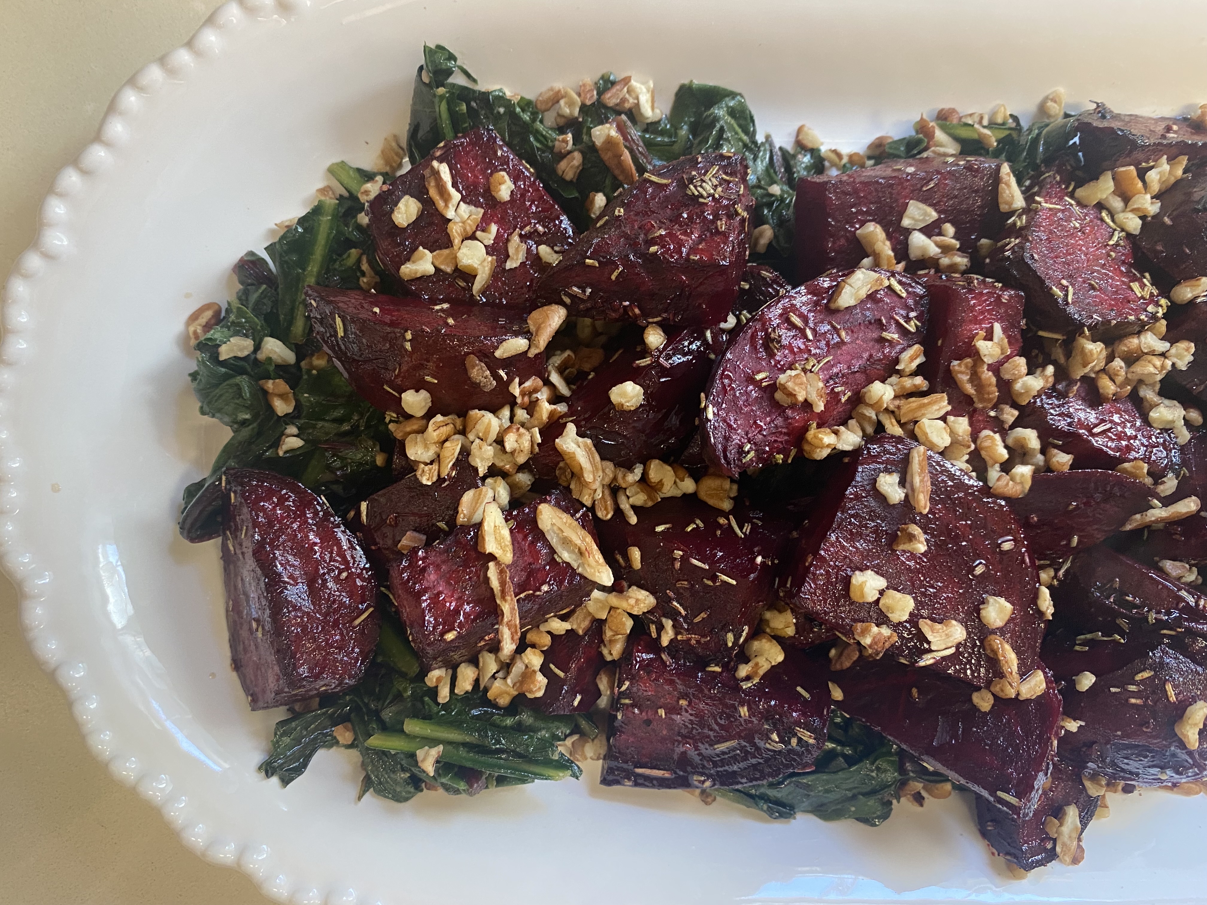 Balsamic Rosemary Roasted Beets over Beet and Dandelion Greens