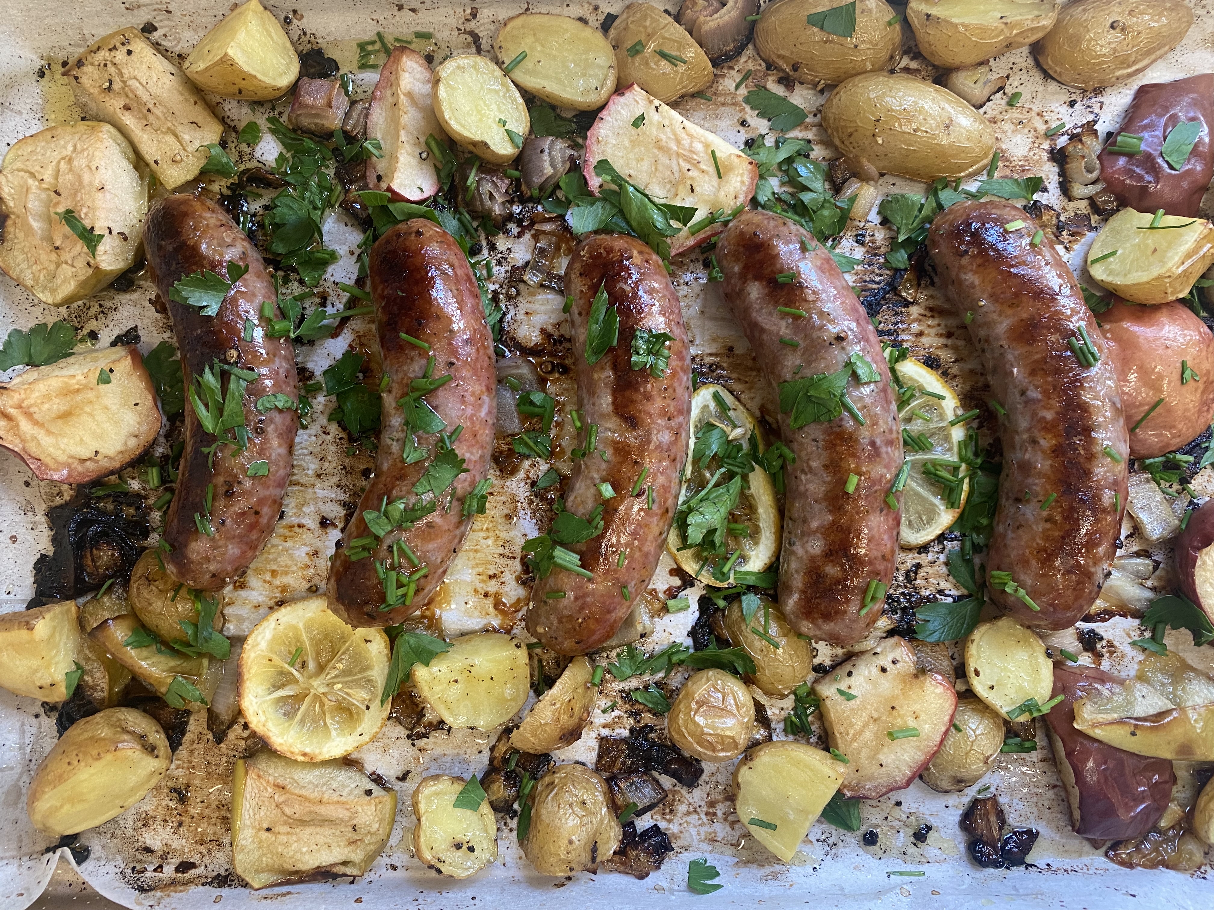 Sheet pan Sausage, Apples, Potatoes, and Shallot