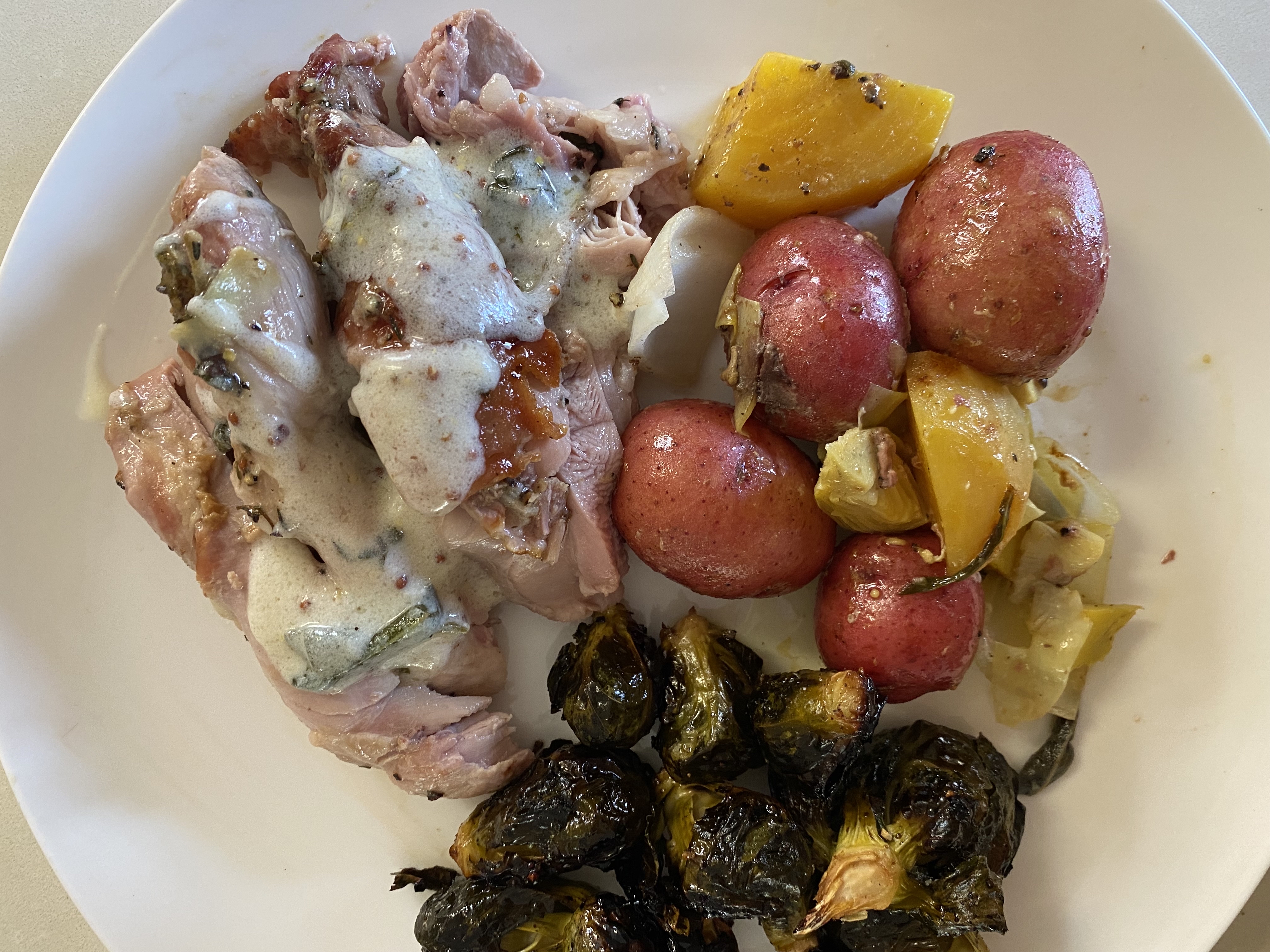 Roasted Turkey Thighs with Potatoes, Artichokes and Beets