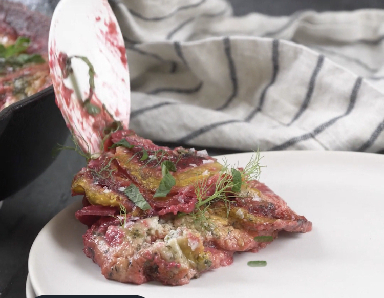 Beet and Fennel Gratin with Mint-Coconut Cream Sauce
