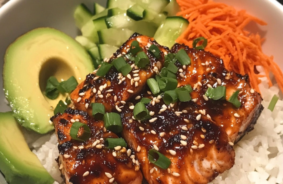 Sticky Spicy Salmon Rice Bowl with Crispy Garlic Chili Crunch