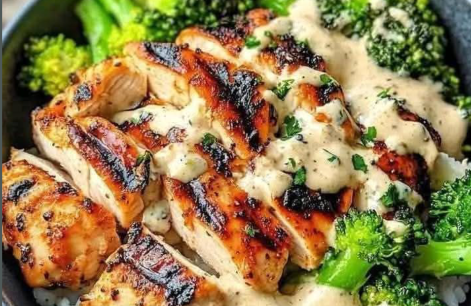Grilled Chicken & Broccoli Bowls with Creamy Garlic Sauce