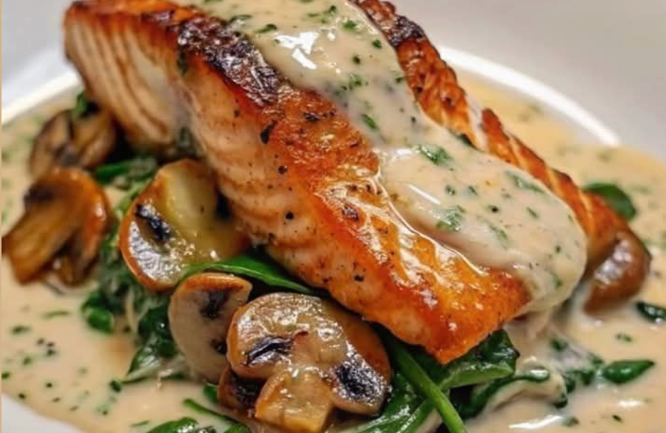 Garlic Butter Salmon with Spinach & Mushrooms in Creamy Sauce
