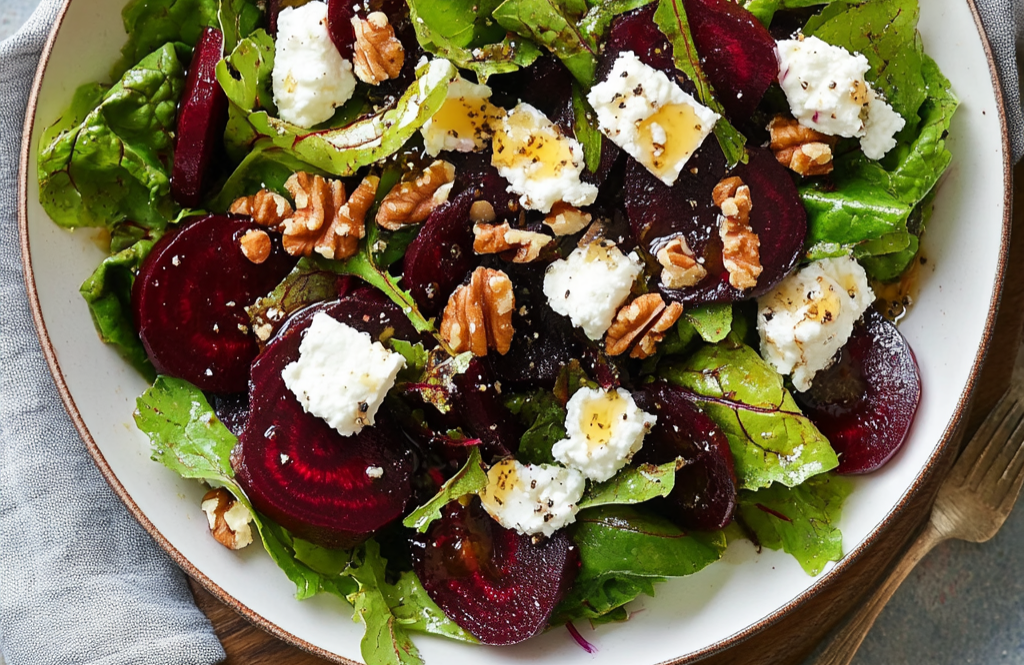 Roasted Beet Salad with Goat Cheese, Walnuts & Honey-Dijon Vinaigrette