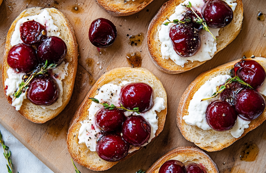 Balsamic Roasted Cherry and Goat Cheese Crostini