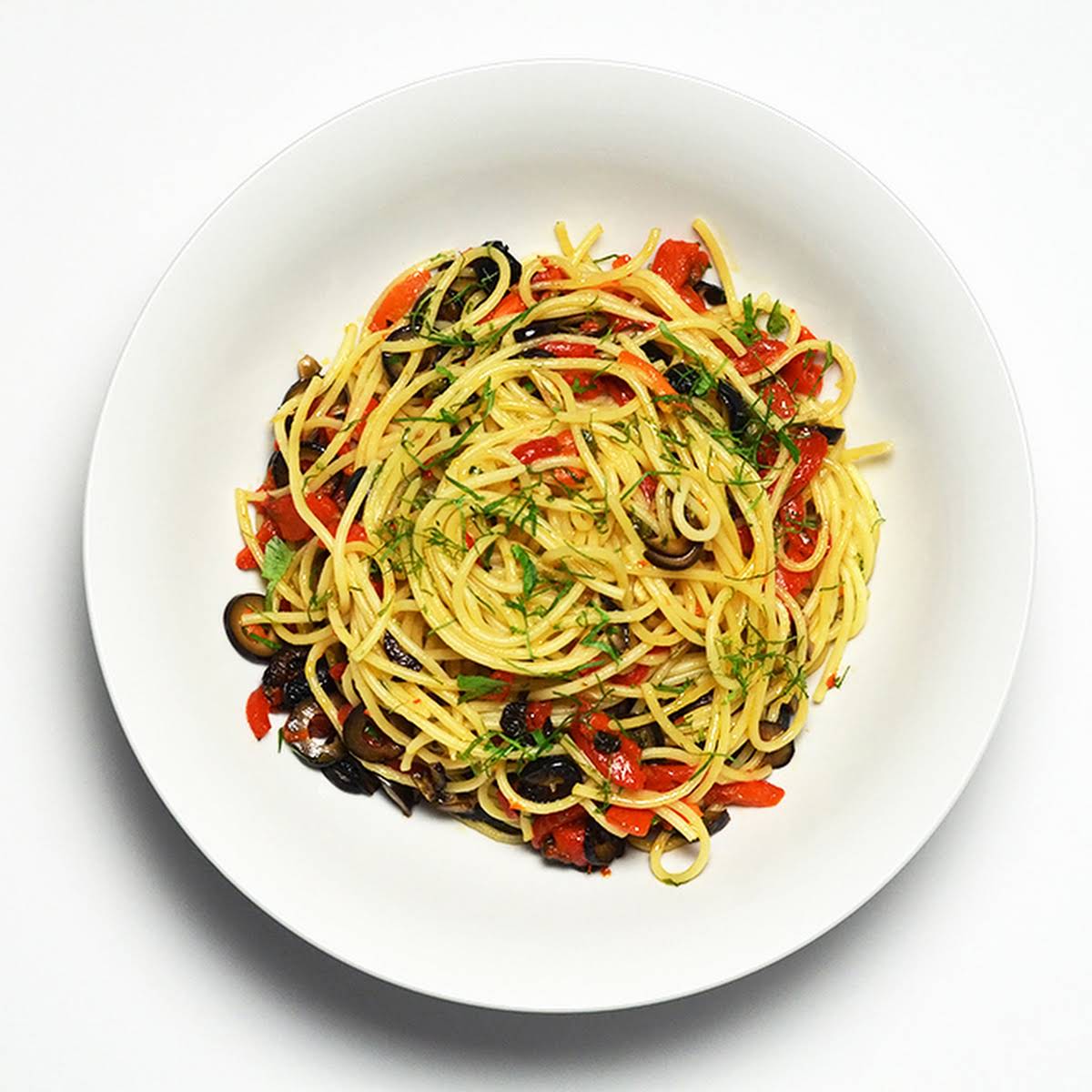 Spaghetti with Olives, Capers and Roasted Red Pepper