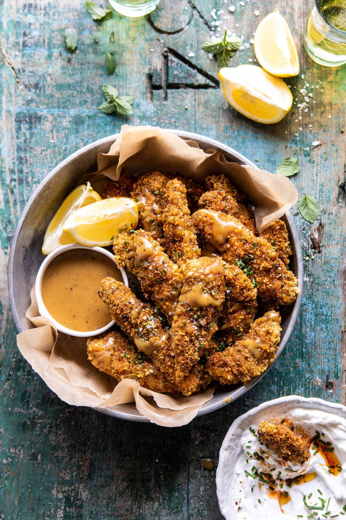 Baked Spicy Ranch Chicken Fingers with Honey Mustard.
