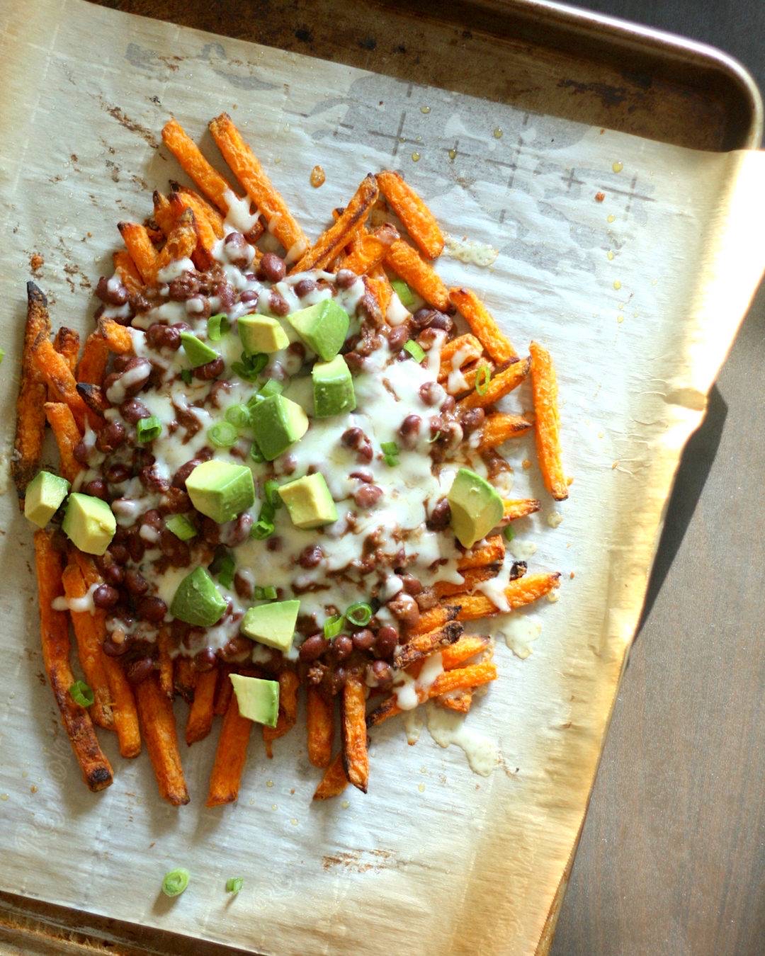 Loaded sweet potato fries (A-)